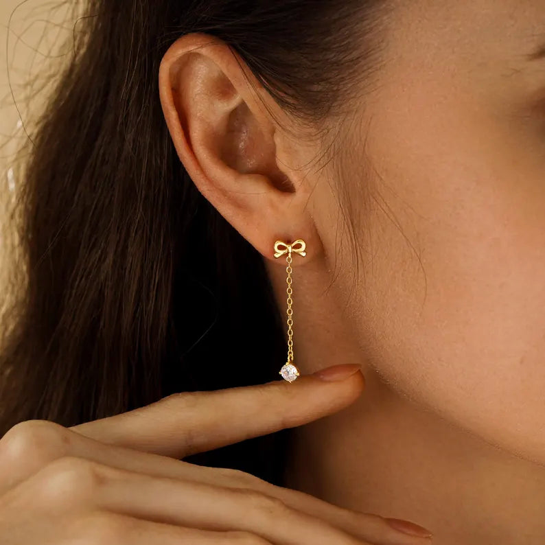 Ribbon Bow Solitaire Drop Earrings