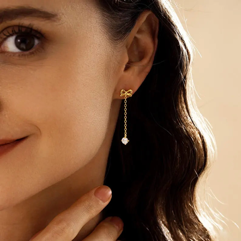 Ribbon Bow Solitaire Drop Earrings