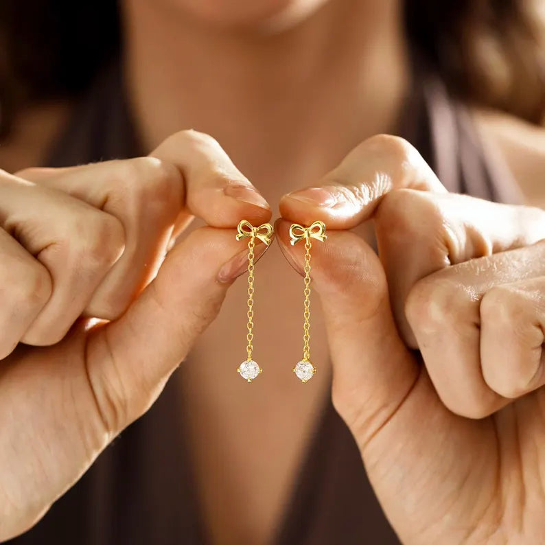 Ribbon Bow Solitaire Drop Earrings