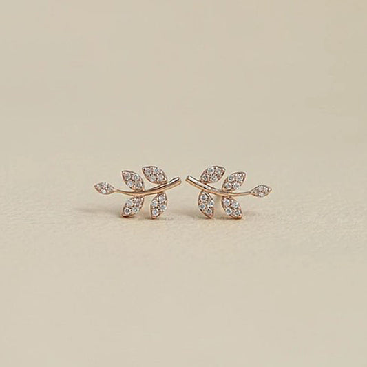 Pave Leaf Branch Climber Stud Earrings