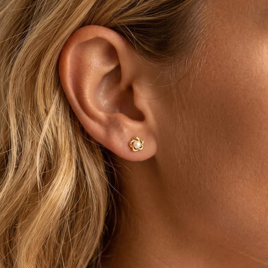 Sculpted Rose Pearl Stud Earrings