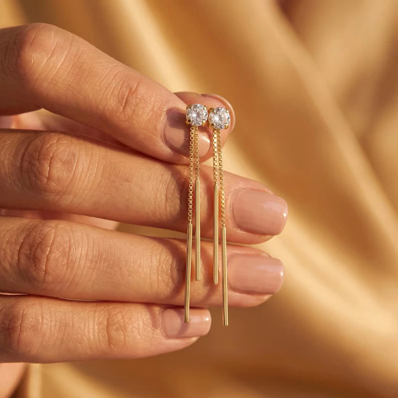 Solitaire Stud Threader Bar Drop Earrings