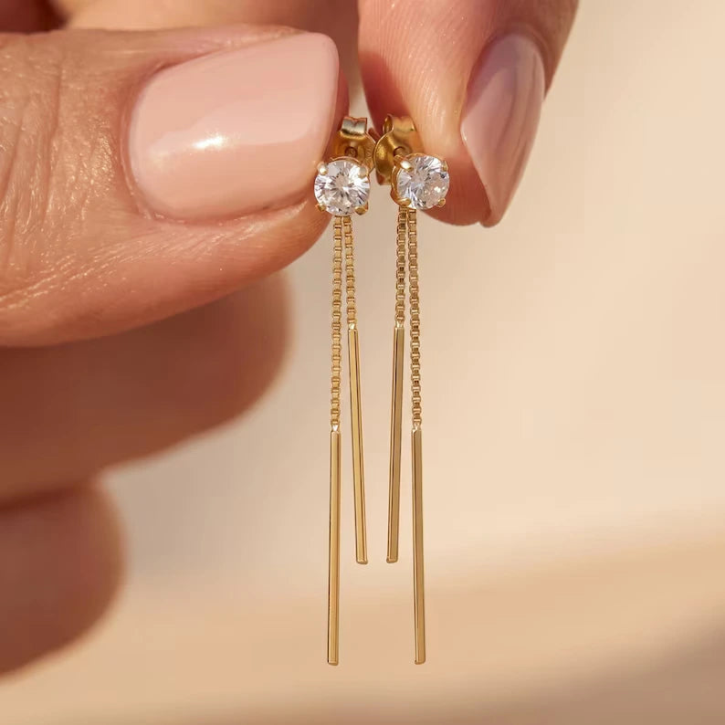 Solitaire Stud Threader Bar Drop Earrings
