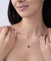 Emerald Bezel Lariat Layered Necklace Set