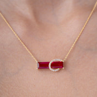 Red Baguette and Pavé Halo Bar Necklace