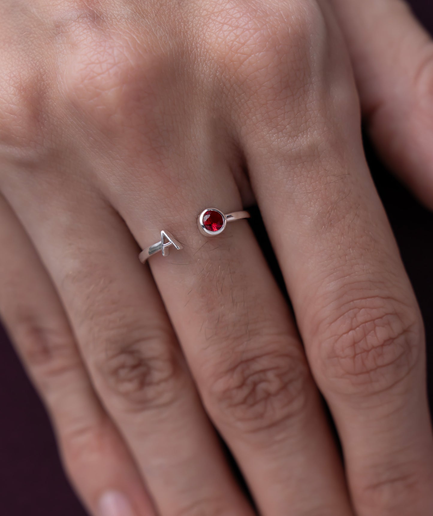 Initial 'A' & Red Stone Open Ring