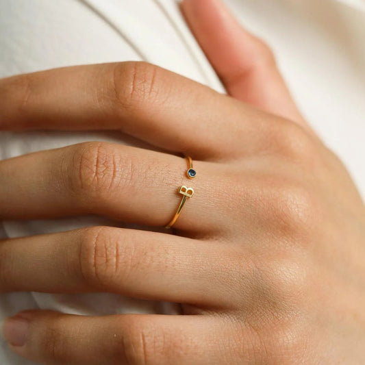 Initial 'A' & Red Stone Open Ring