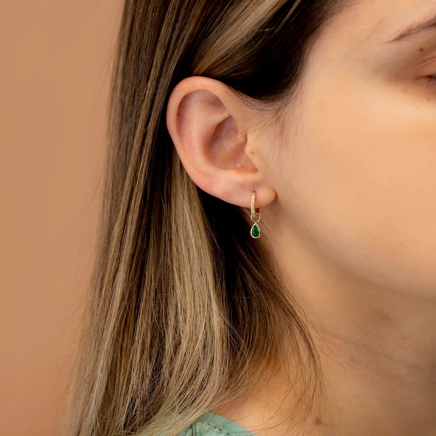Emerald Pear Drop Pave Huggie Hoops