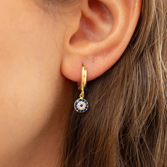 Evil Eye Disc Drop Huggie Earrings