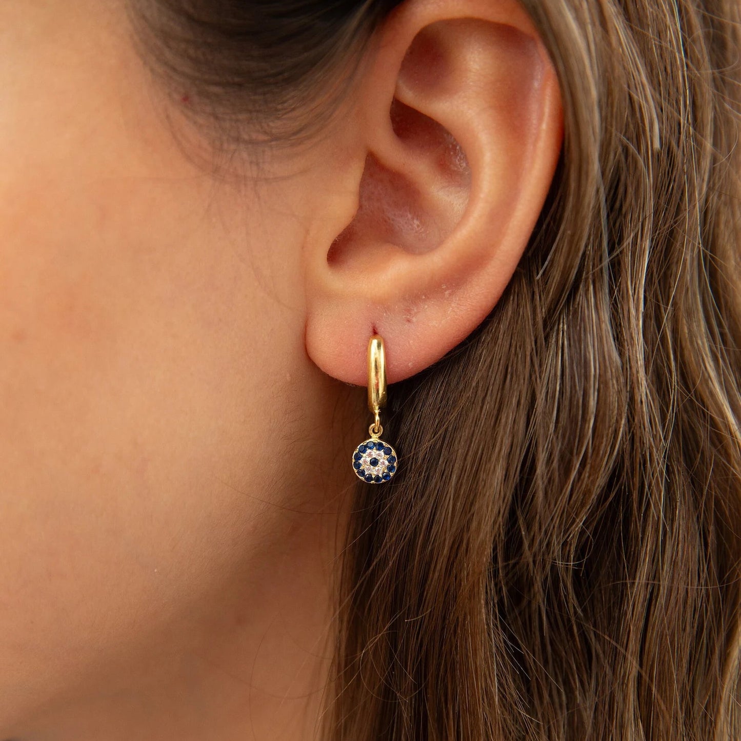 Evil Eye Disc Drop Huggie Earrings