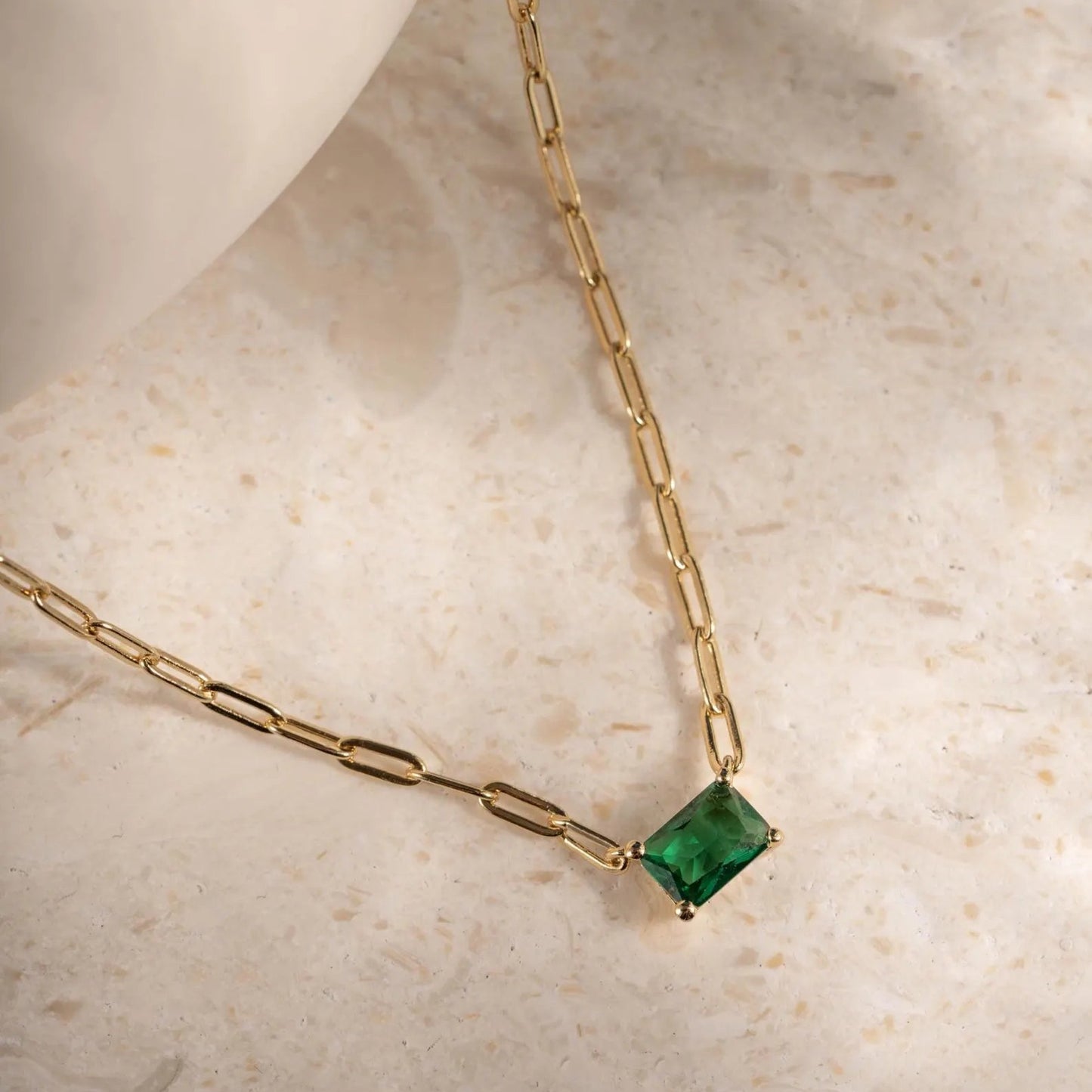 Emerald Cut CZ Solitaire Paperclip Chain Necklace