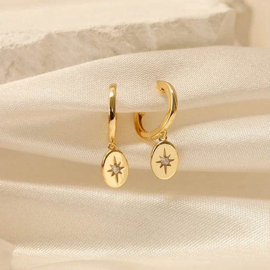 North Star Oval Medallion Huggie Drop Earrings