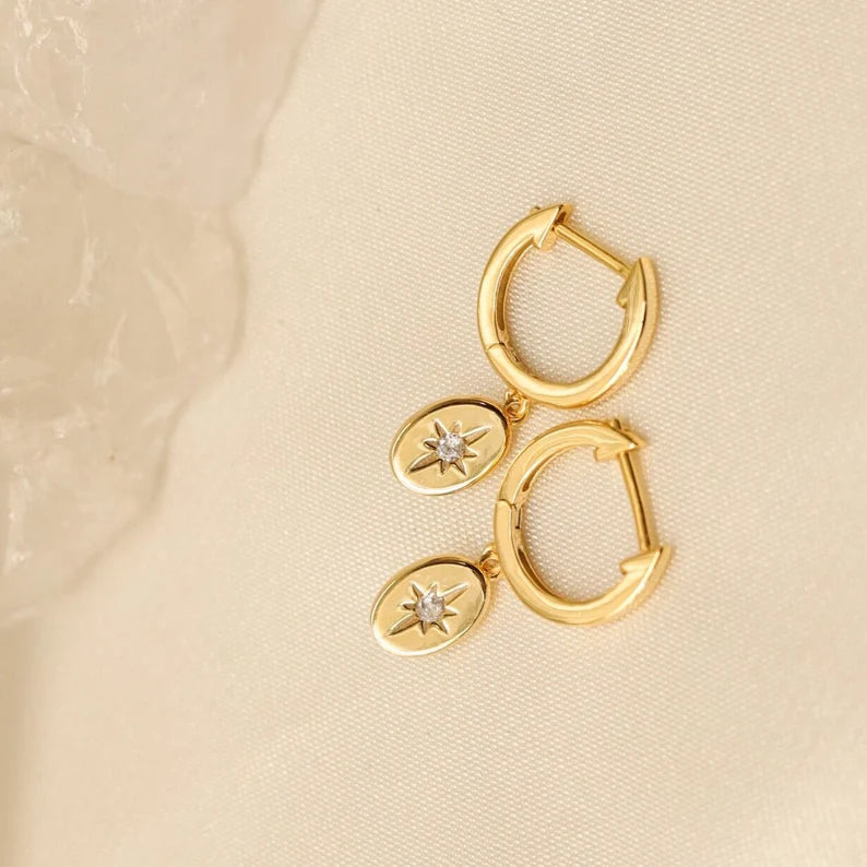 North Star Oval Medallion Huggie Drop Earrings