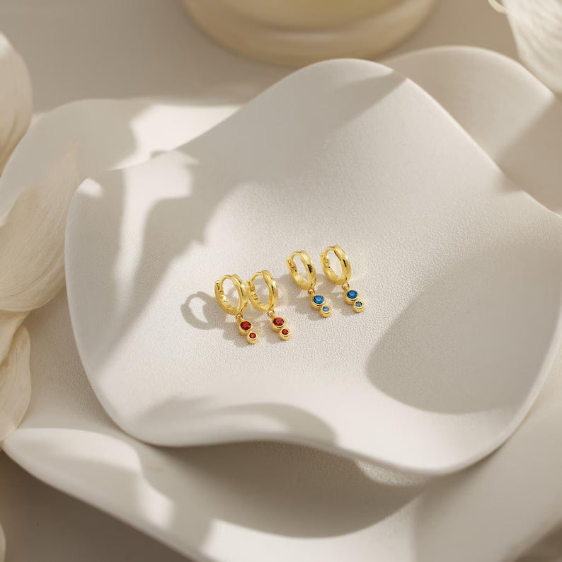 Double Drop Bezel Charm Huggie Hoops