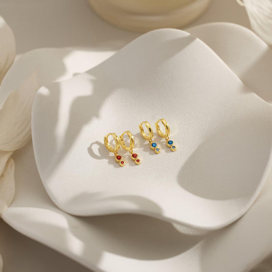 Double Drop Bezel Charm Huggie Hoops