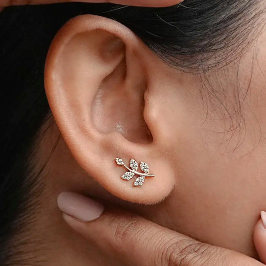 Pave Leaf Branch Climber Stud Earrings