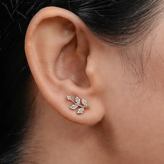 Pave Leaf Branch Climber Stud Earrings