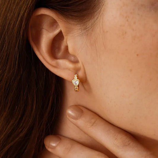 Heart and Round Bezel Huggie Hoop Earrings