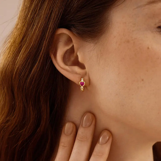 Heart and Round Bezel Huggie Hoop Earrings