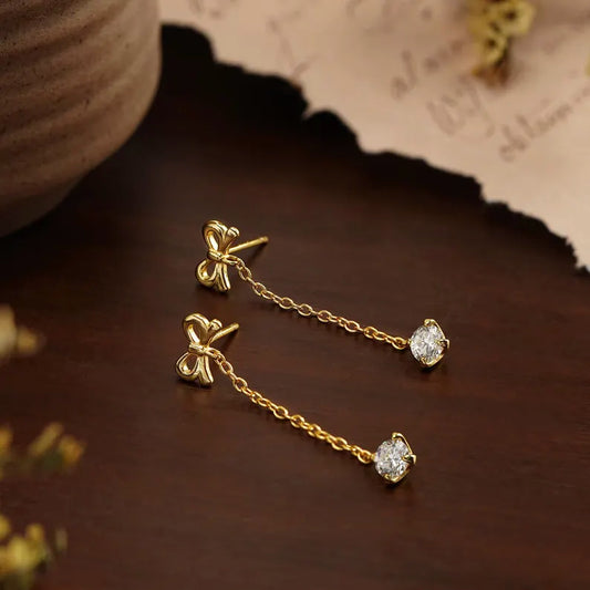 Ribbon Bow Solitaire Drop Earrings