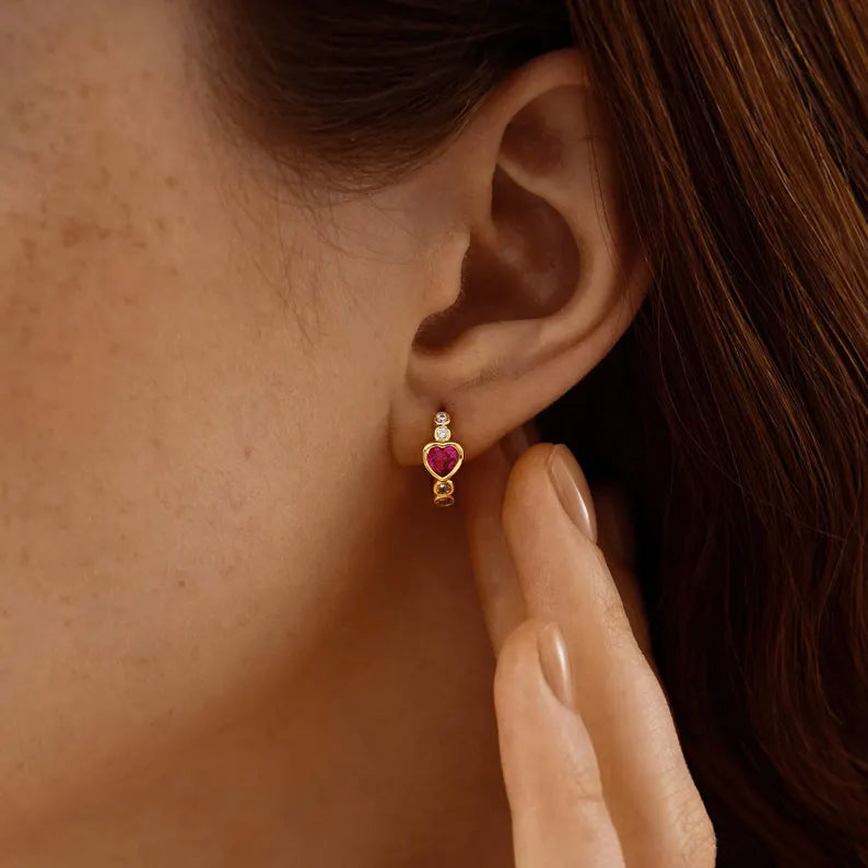 Heart and Round Bezel Huggie Hoop Earrings