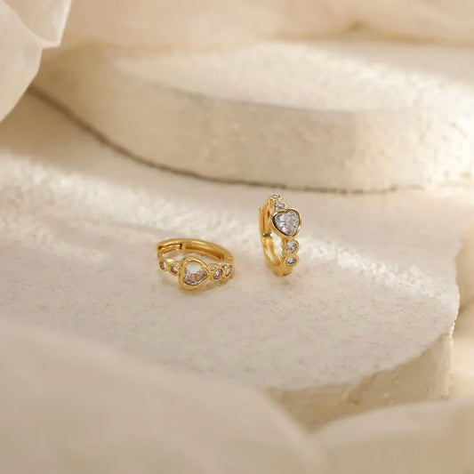 Heart and Round Bezel Huggie Hoop Earrings