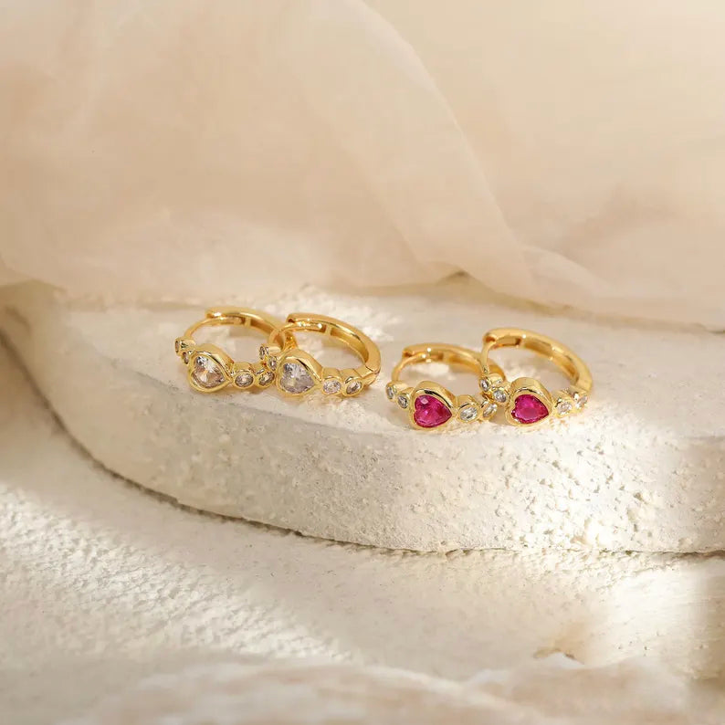 Heart and Round Bezel Huggie Hoop Earrings