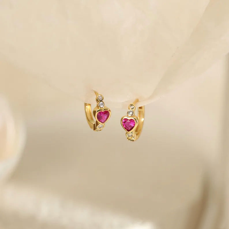 Heart and Round Bezel Huggie Hoop Earrings