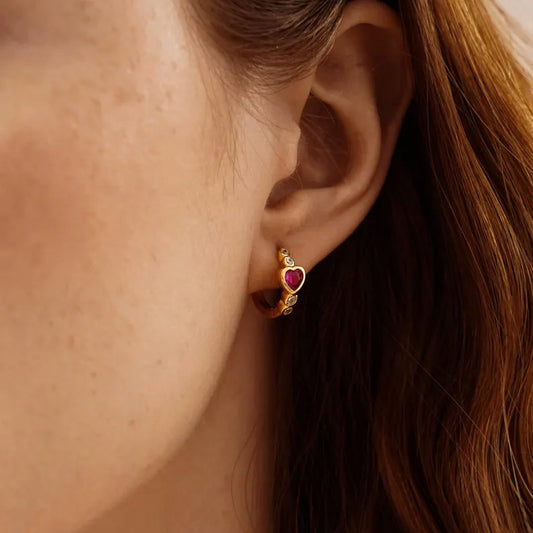 Heart and Round Bezel Huggie Hoop Earrings