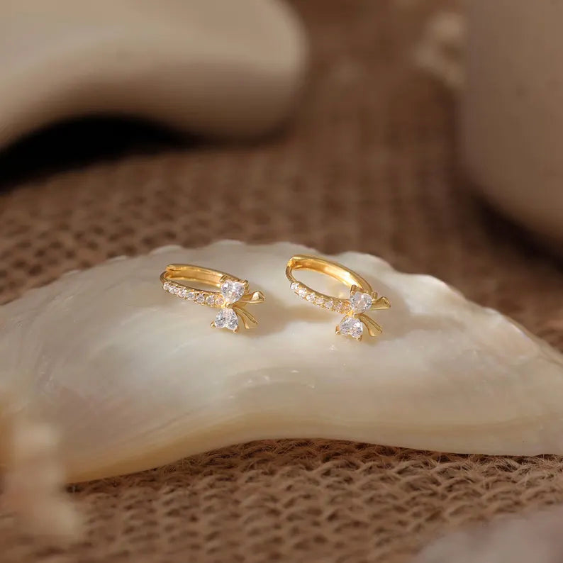 Pavé Huggie Heart Bow Drop Earrings