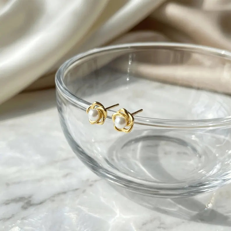 Sculpted Rose Pearl Stud Earrings