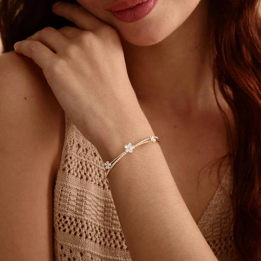 Pear Cut Flower Open Cuff Bangle Bracelet