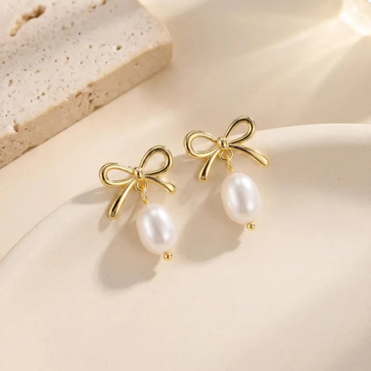Wire Bow Pearl Drop Earrings
