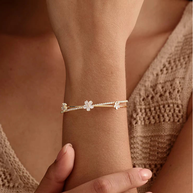 Pear Cut Flower Open Cuff Bangle Bracelet