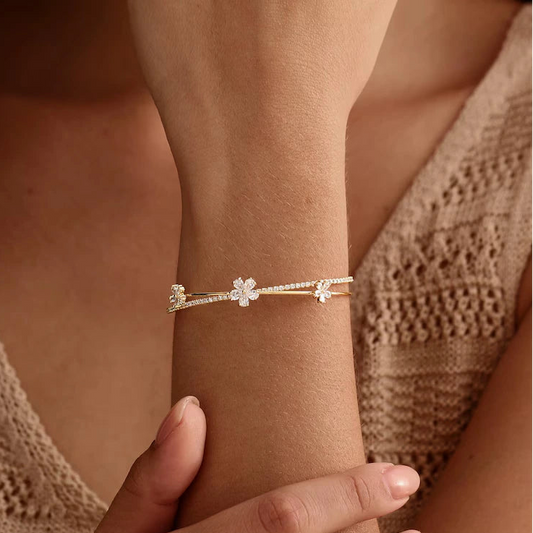 Pear Cut Flower Open Cuff Bangle Bracelet