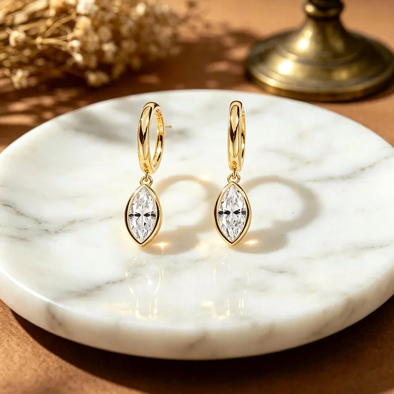 Marquise Bezel Drop Huggie Hoop Earrings