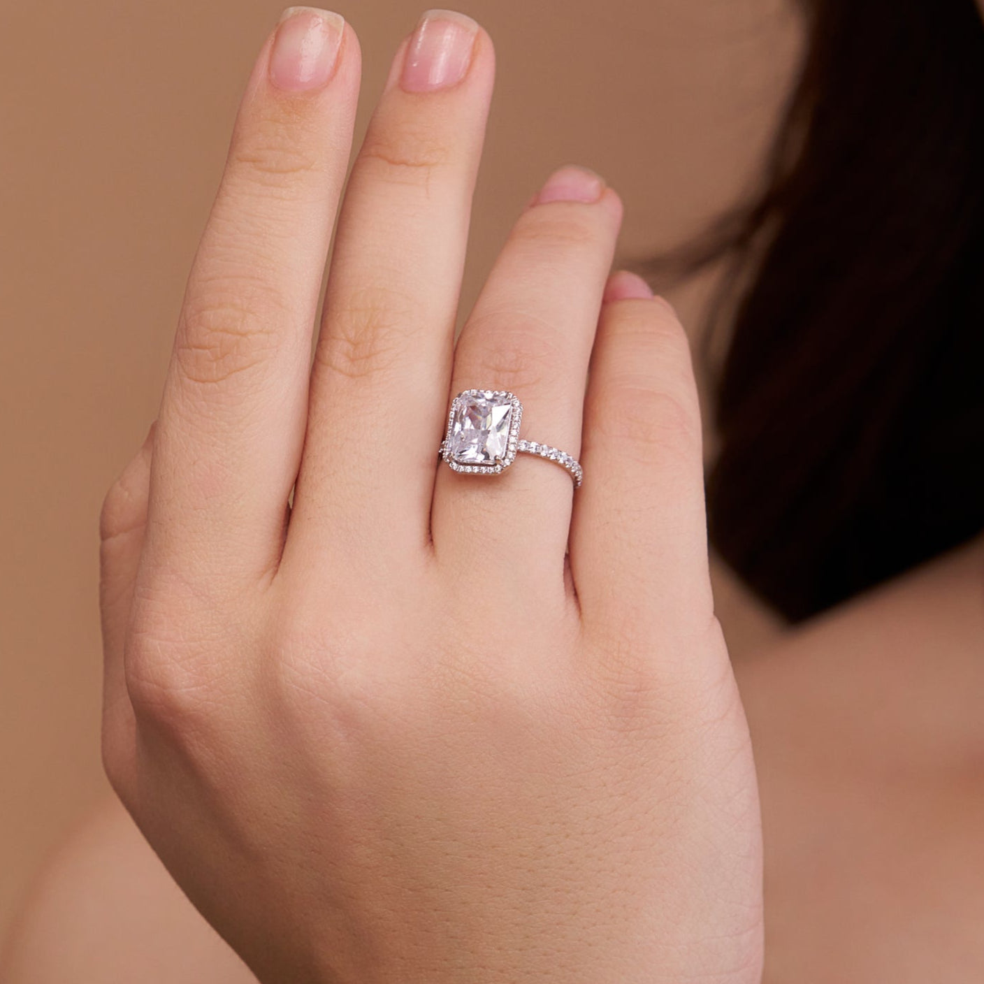 Dazzling Radiant-Cut Halo Ring - KYMEE
