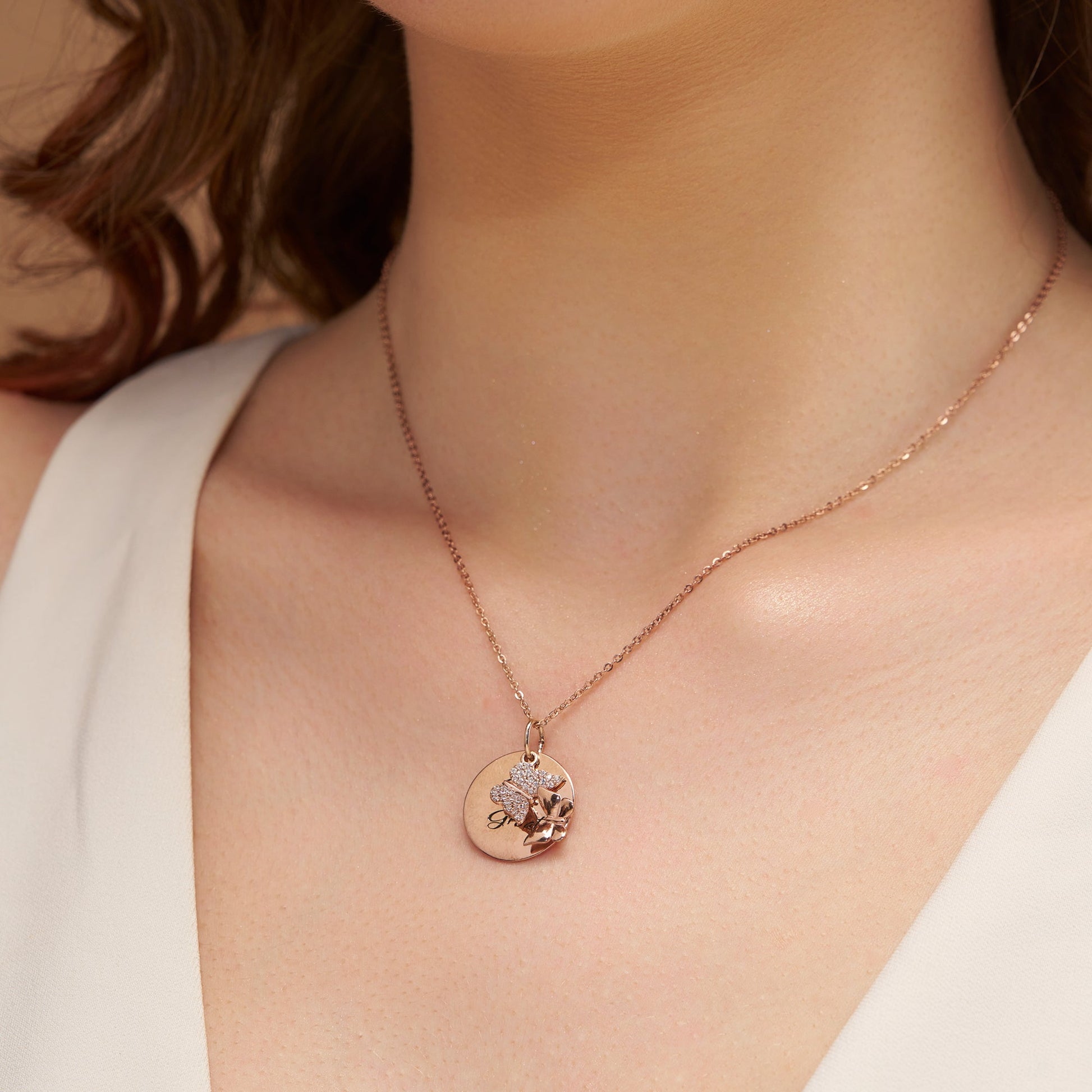 Engraved Circle Plate Butterfly Necklace - KYMEE