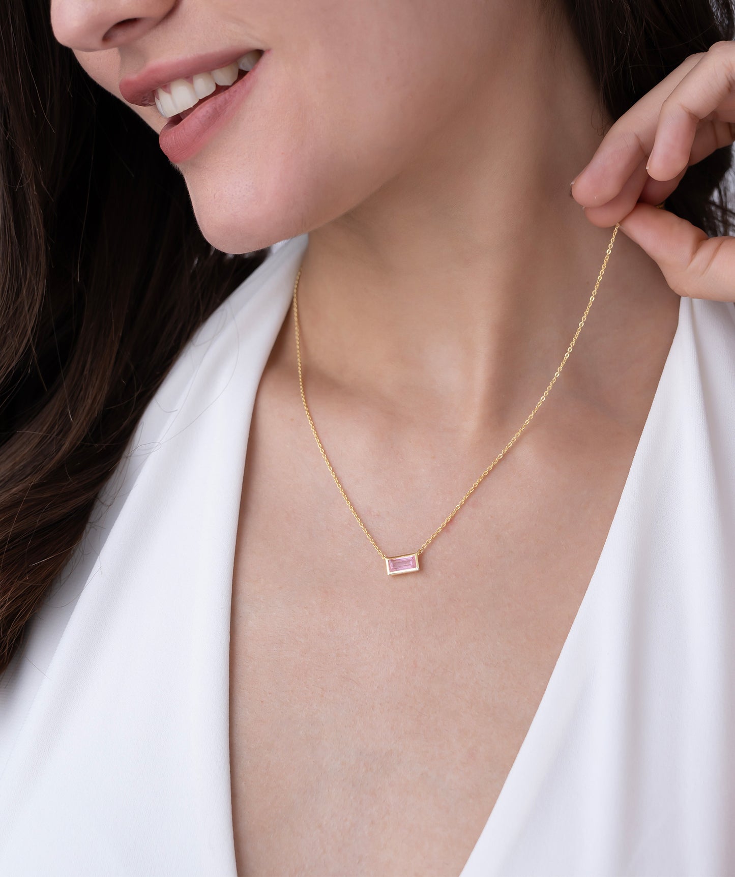 Pink Baguette Solitaire Necklace