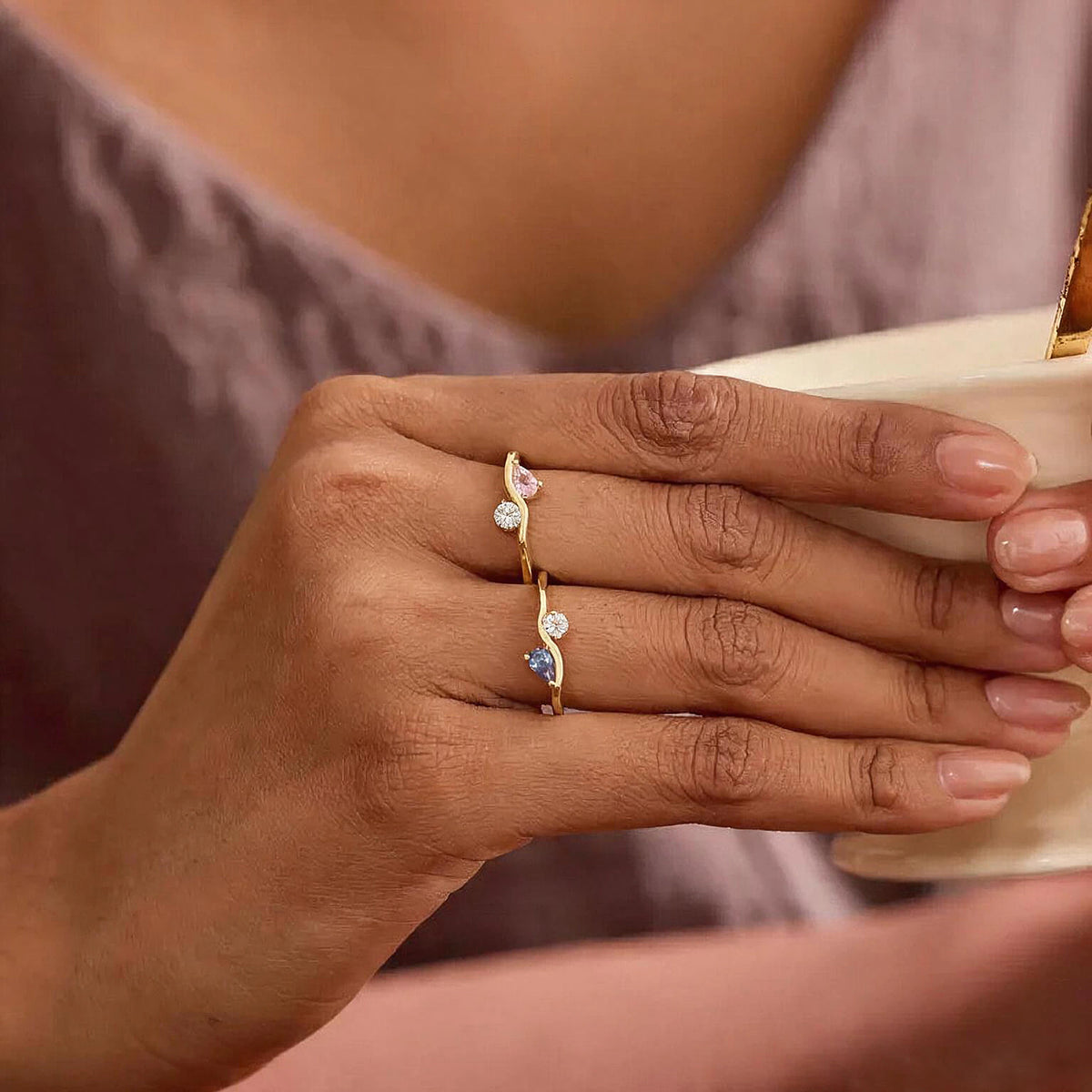 Toi et Moi Pear Round Wave Band Ring