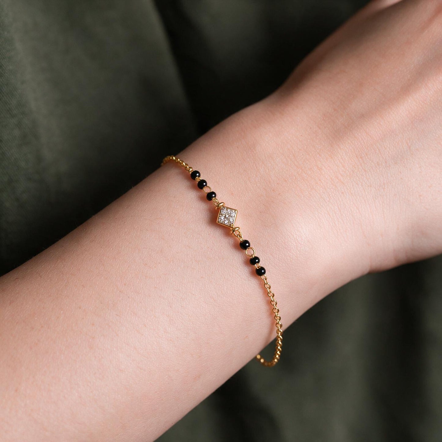 Tilted Square Black Bead Mangalsutra Bracelet