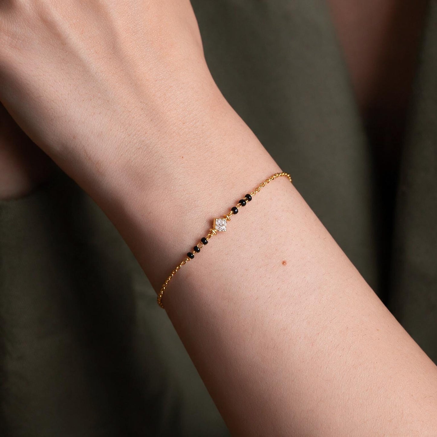 Tilted Square Black Bead Mangalsutra Bracelet