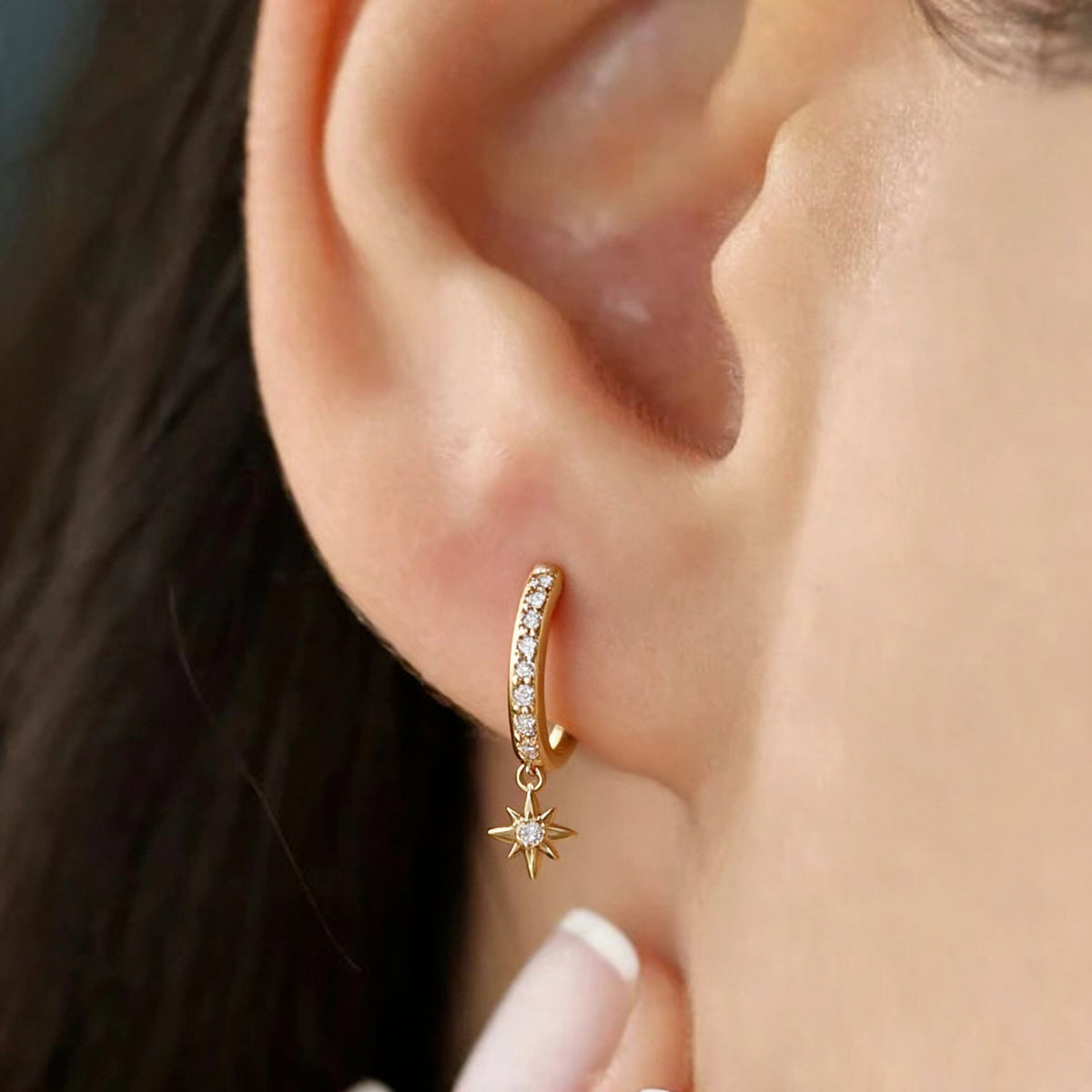 North Star Pave Huggie Drop Earrings