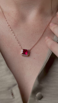 Ruby Red Emerald-Cut CZ Halo Pendant Necklace